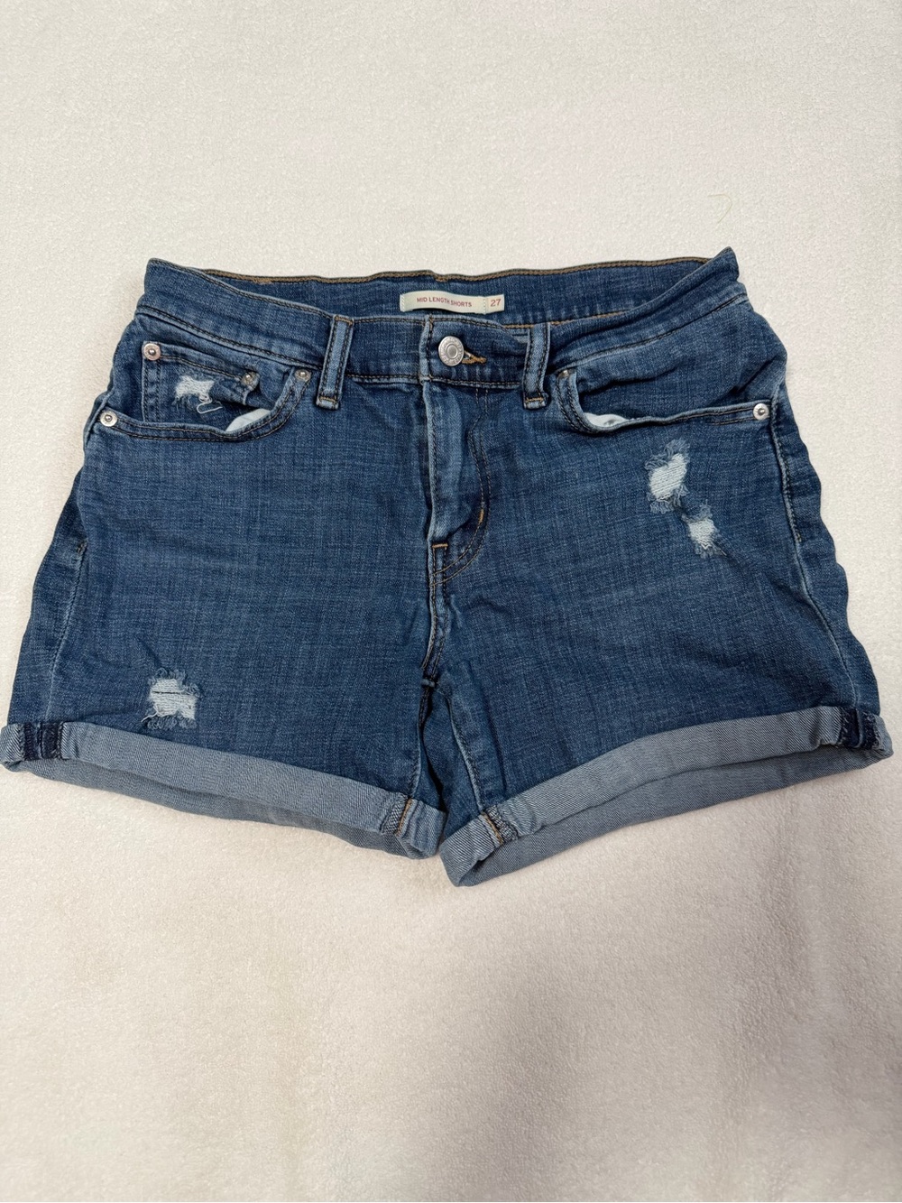 Levi's  Blue Distressed Denim Mid Length Roll-Cuff Shorts Size 27